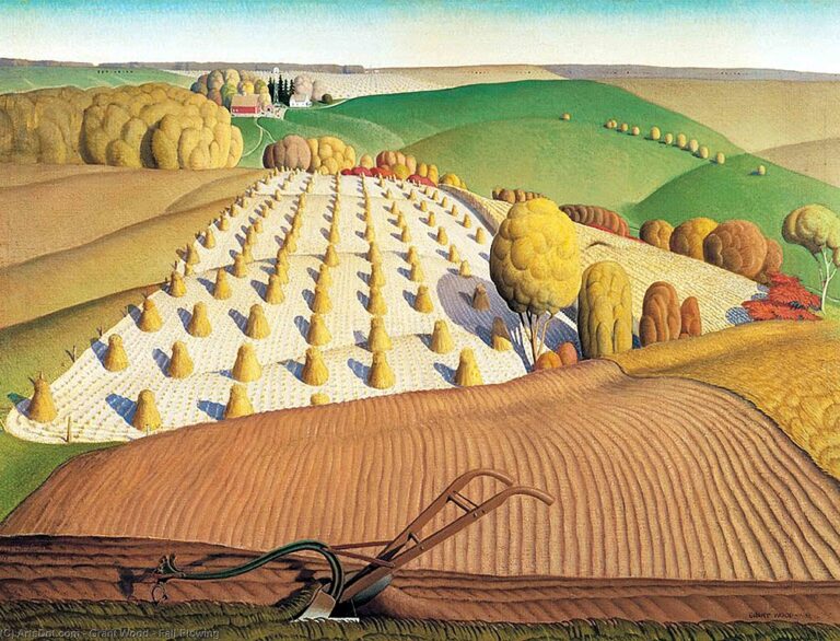 Autumn Landscape Paintings: Grant Wood, Fall Plowing, 1931, Deere & Company collection.
