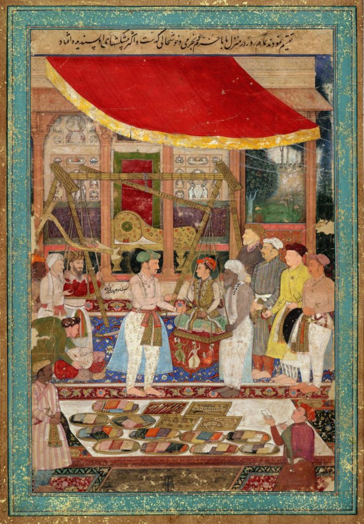Emperor Jahangir weighs Prince Khurram on his 15th birthday against gold & silver in the presence of Mahabat Khan and Khan Jahan;Mughal Empire