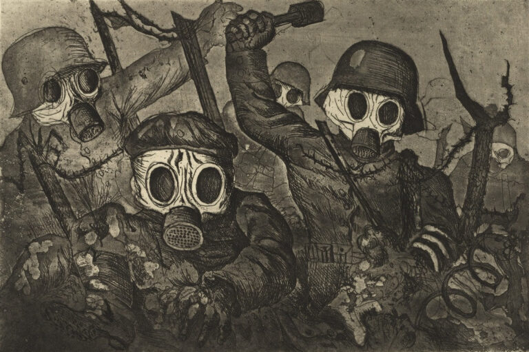 Otto Dix etchings: Otto Dix, Shock Troops Advance under Gas, from The War, 1924, etching, aquatint, and drypoint, Museum of Modern Art, New York City, NY,  © 2016 Artists Rights Society (ARS), New York / VG Bild-Kunst, Bonn. Detail.
