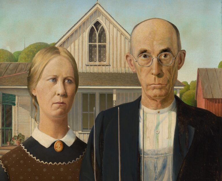 American Gothic: Grant Wood, American Gothic, 1930, Art Institute of Chicago, Chicago, IL, USA. Detail.
