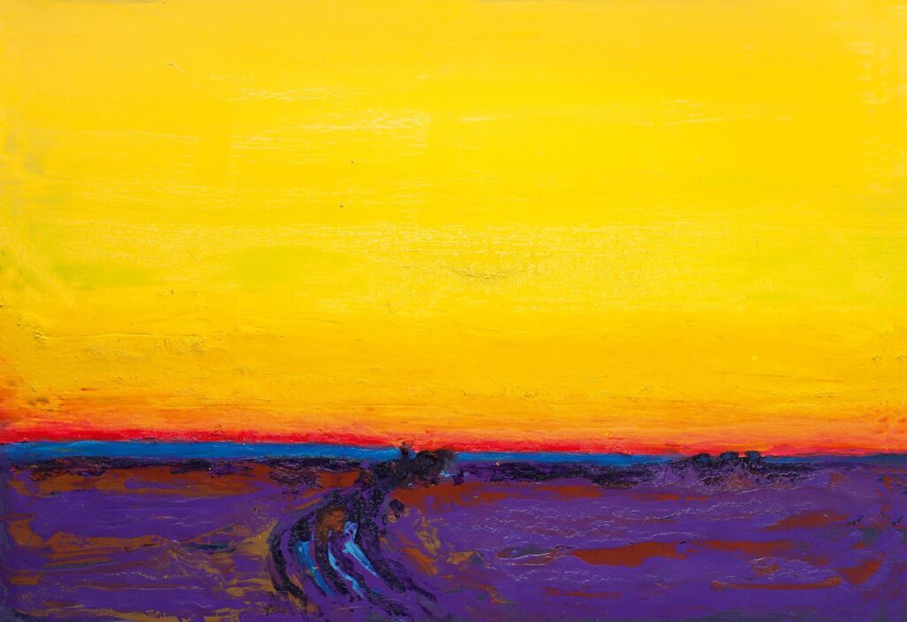 The untitled painting by Anatoliy Kryvolap, created in 2012, depicts the purple field and bright yellow sky; Anatoliy Kryvolap