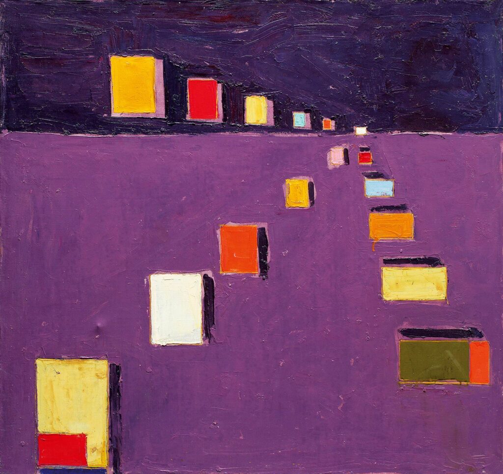 The untitled painting by Anatoliy Kryvolap depicts colorful parallelepipeds on the purple background; Anatoliy Kryvolap
