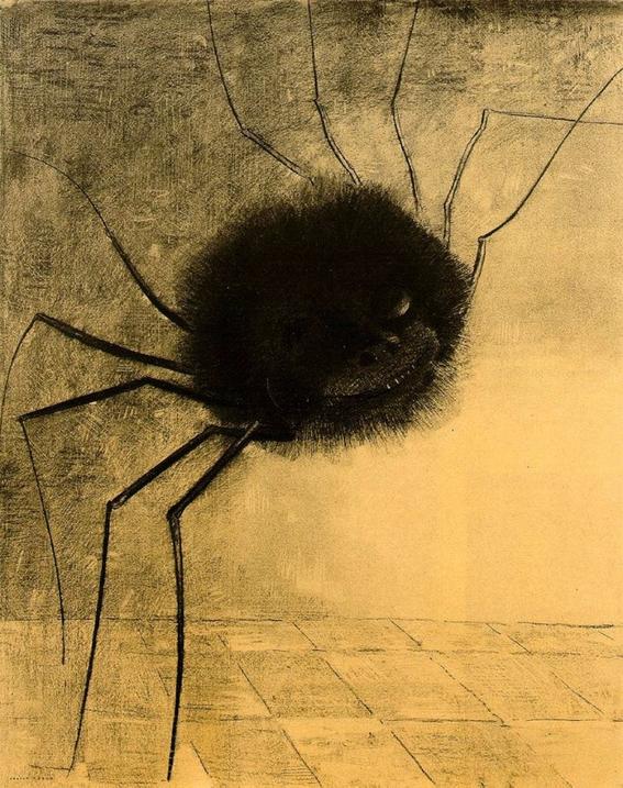 10 Most Scary Paintings: Odilon Redon, The Smiling Spider. A tarantula-like spider of gigantic proportions has eyes and a mischievous smile. The artist creates a hybrid being, humanizing the bug by looking for monstrosity in an ironic and morbid way.