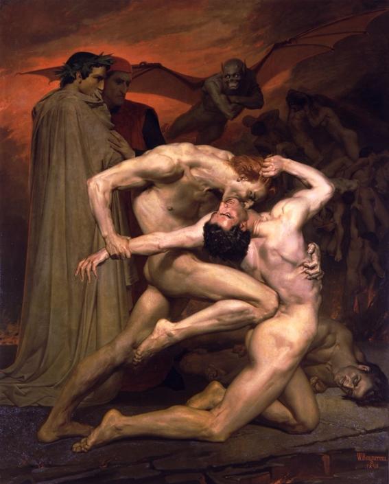 10 Most Scary Paintings: William Adolphe Bouguereau, Dante and Virgil. In hell accompanied by his master Virgil, Dante advances through the third belt of the circle. The artist brought sinners to the fore by eating each other. His perspective is unusual and beautiful; it is hard to believe that there are defects in these bodies. Bouguereau portrayed human emotions in dynamics, beautiful anatomy and facial expressions. Dante and Virgil are outside observers. Bougreau placed them behind the scenes of violence. Dante's laurel wreath, his clothing and the shining garments of his companion, are all from the world of earth, pure and contrasted with the mud of hell. To give the plot a "hellish" mood, the author drew a gray demon with a red glow flying behind Dante and virgil with a smile of satisfaction 