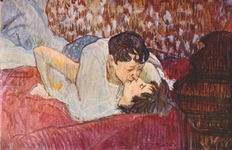 Kiss in art: Henri de Toulouse-Lautrec, The Kiss, 1892, private collection. Wikimedia Commons (public domain).
