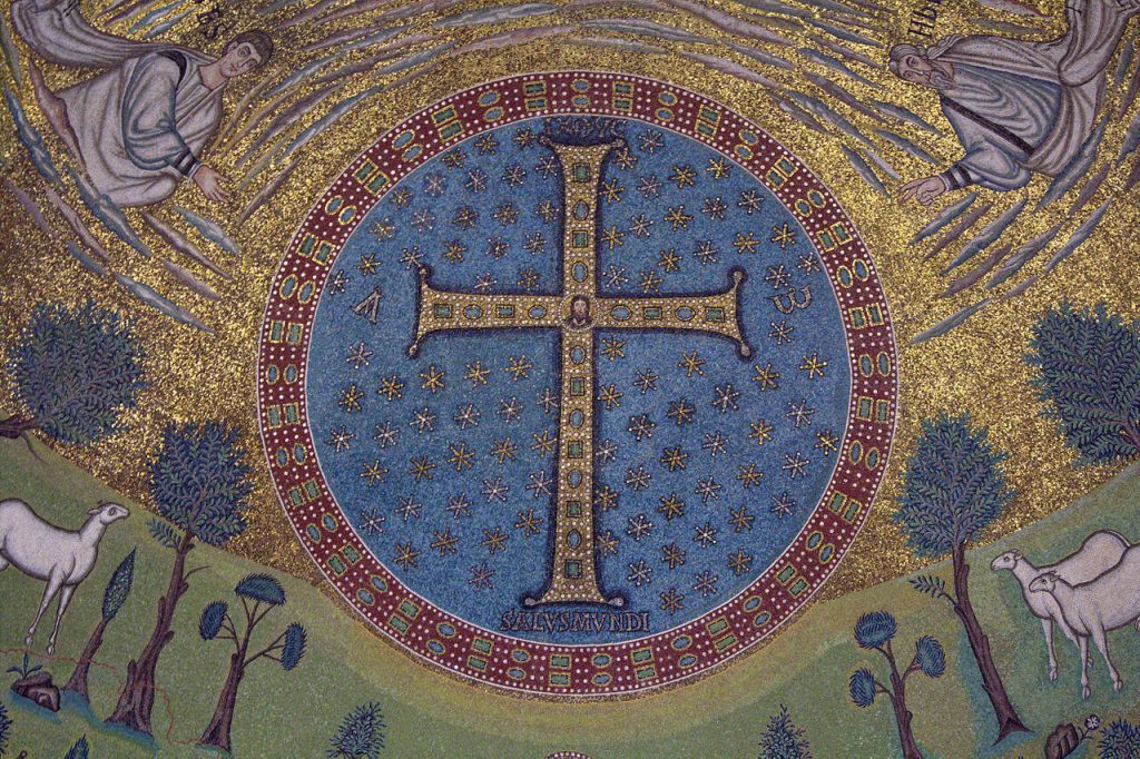 Medieval Mosaics, Mosaic in the apse of Sant'Apollinare in Classe, 6th century CE, Ravenna, Italy. Wikipedia Commons.