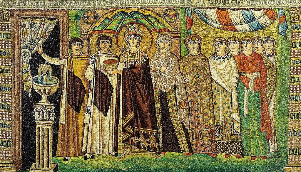 Mosaic of the Byzantine Empress in Basilica of San Vitale, 526/7-547 CE, Ravenna, Italy. Wikipedia Commons. 