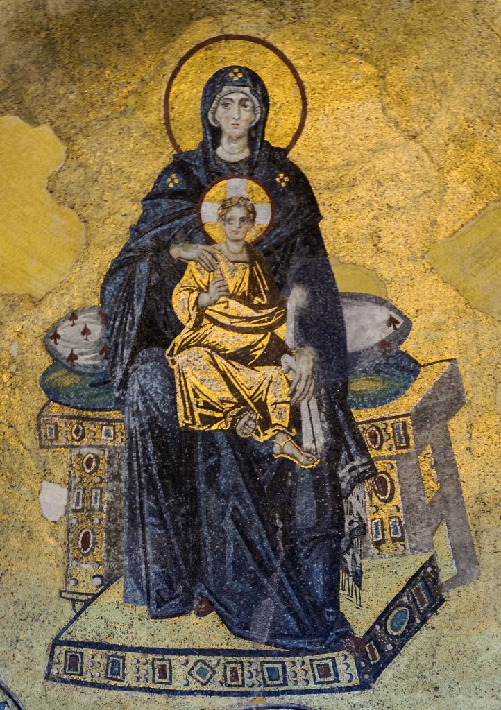 Mosaic of the Virgin and Child in the apse of Hagia Sophia, c. 867 CE, Istanbul, Turkey. Wikipedia Commons.