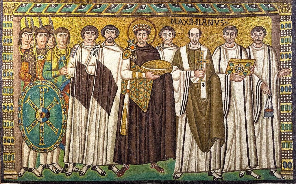 Mosaic of the Byzantine Emperor Justinian at San Vitale, 526/7-547 CE, Ravenna, Italy. Wikipedia Commons.