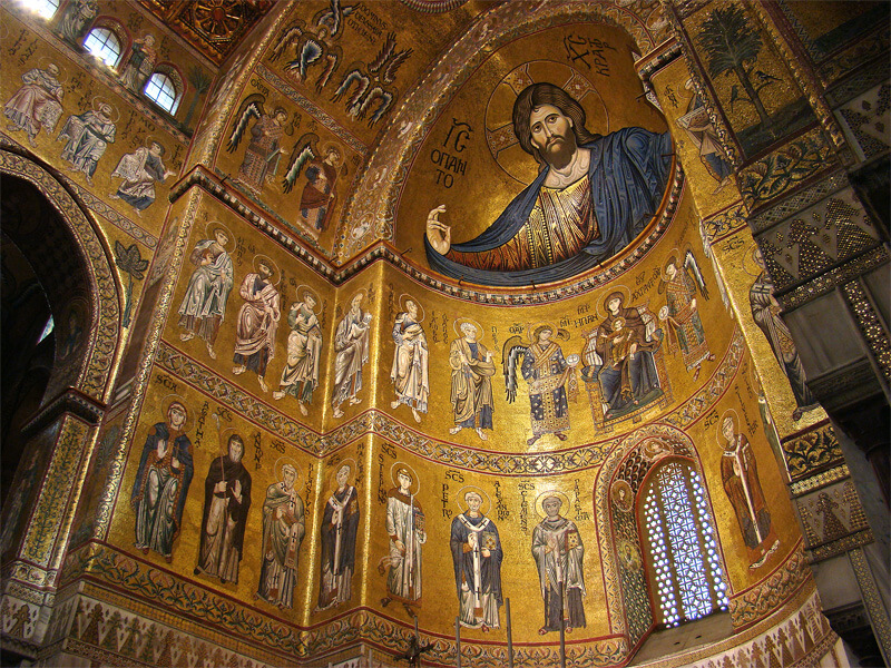 Mosaics in the apse of Monreale Cathedral, begun 1174 CE, Monreale, Sicily, Italy. Wikipedia Commons. 