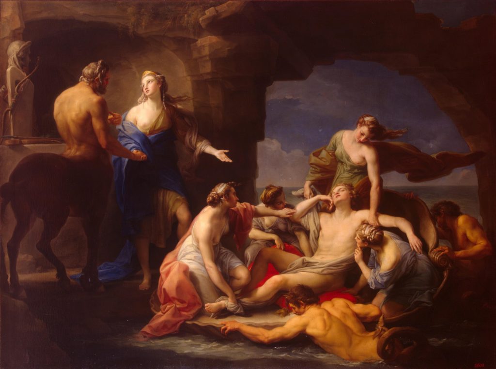 Parenting in art:Pompeo Girolamo Batoni, Thetis takes Achilles from the Centaur Chiron, 1768, Hermitage Museum, St Petersburgh, Russia.