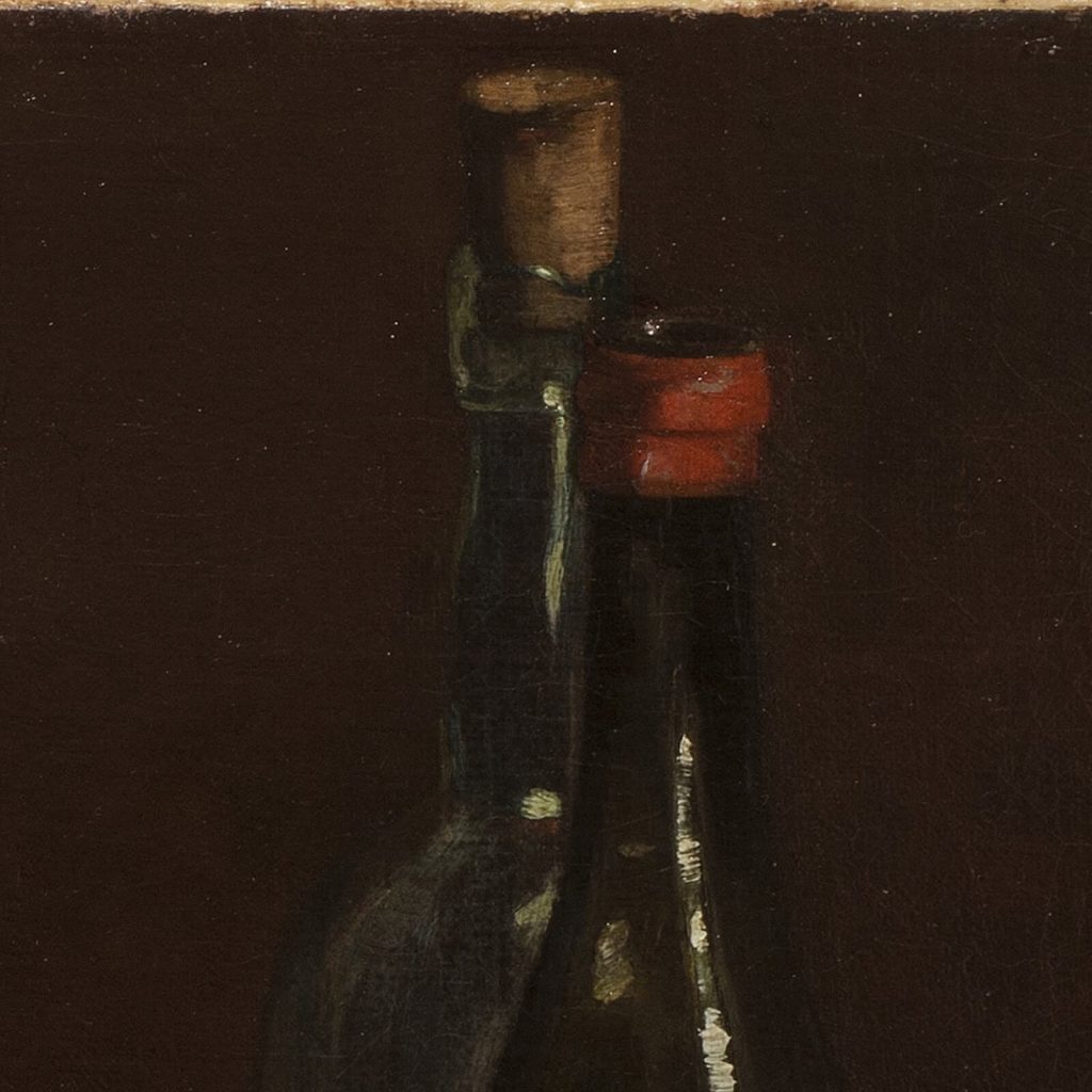 Claude Raguet Hirst, A Gentleman's Table, after 1890, National Museum of Women in the Arts, Washington DC, USA. Enlarged Detail of Wine Bottles.