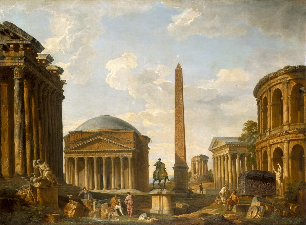 The Grand Tour: Giovanni Paolo Panini, Roman Capriccio: The Pantheon and Other Monuments, 1735, Indianapolis Museum of Art, Indianapolis, IN, USA. Panini's oil painting depicting monuments in Rome