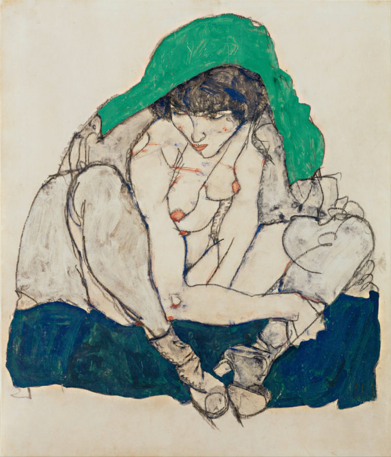 Art Censorship: Egon Schiele, Crouching Woman with Green Kerchief, 1914, Leopold Museum, Vienna, Austria.
