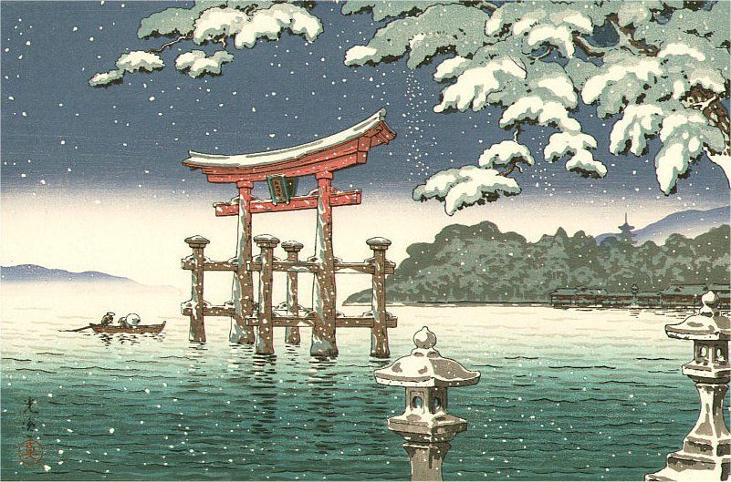 japanese woodblock prints: Tsuchiya Koitsu, Snow at Miyajima, 1937, Arthur.
