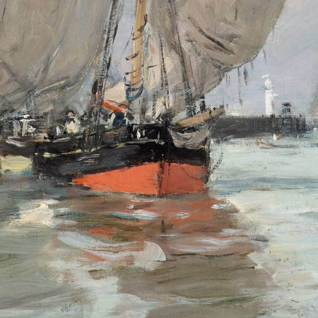 Eugène Boudin, Trouville, Jetties, High Tide, 1876, North Carolina Museum of Art, Raleigh, USA. Detail of Foreground Red Boat.