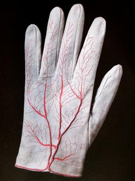 Meret Oppenheim: Meret Oppenheim, Silkscreened leather gloves, 1985. WikiArt. Detail.
