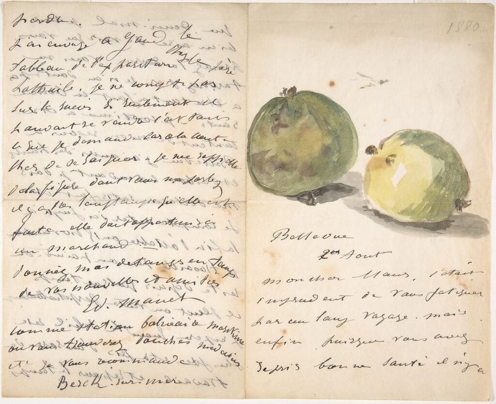 Édouard Manet: Édouard Manet, A Letter to Eugène Maus, Decorated with Two Apples, 1880, The Metropolitan Museum of Arts, New York, NY, USA.
