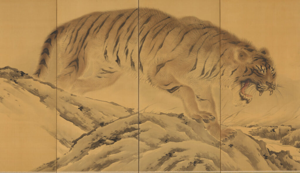 tigers in art: Kishi Chikudo, Detail from Tiger, Tigress and Cubs, 1892, Metropolitan Museum of Art, New York City, NY, USA.
