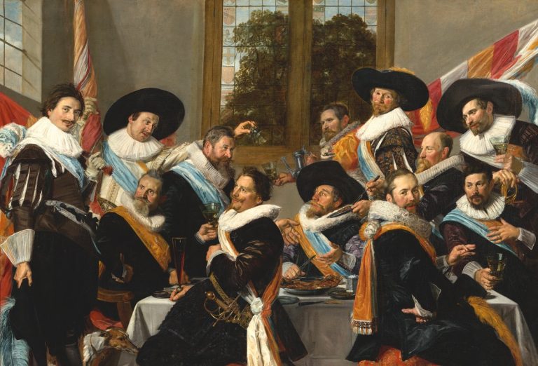 haarlem dutch golden age: Frans Hals, Banquet of the Officers of the St Adrian Civic Guard (the Calivermen), 1627, Frans Hals Museum, Haarlem, Netherlands.
