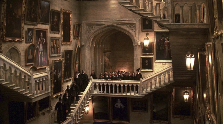 art in Harry Potter: Art reference to Escher’s Relativity in Harry Potter and the Sorcerer’s Stone, directed by Chris Columbus, 2001, Warner Bros. Pictures. Nerdist. Detail. 
