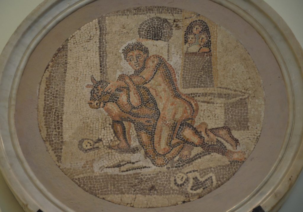 Minotaur: Mosaic from Pompeii depicting Theseus Fighting the Minotaur, 1st to 3rd century CE, National Archaeological Museum, Naples, Italy.
