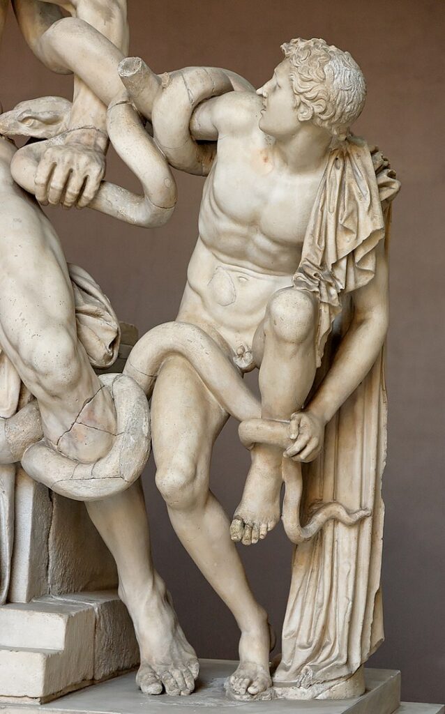 Laocoön: Laocoön and His Sons, Vatican Museums, Vatican City. Detail. Photograph by Jastrow via Wikimedia Commons (public domain).
