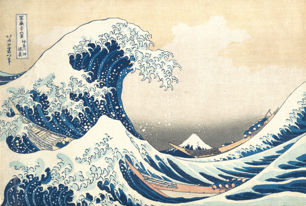 japanese woodblock prints: Katsushika Hokusai, Under the Wave off Kanagawa, Thirty-Six Views of Mount Fuji, ca. 1830-1832, Metropolitan Museum of Art, New York City, NY, USA.

