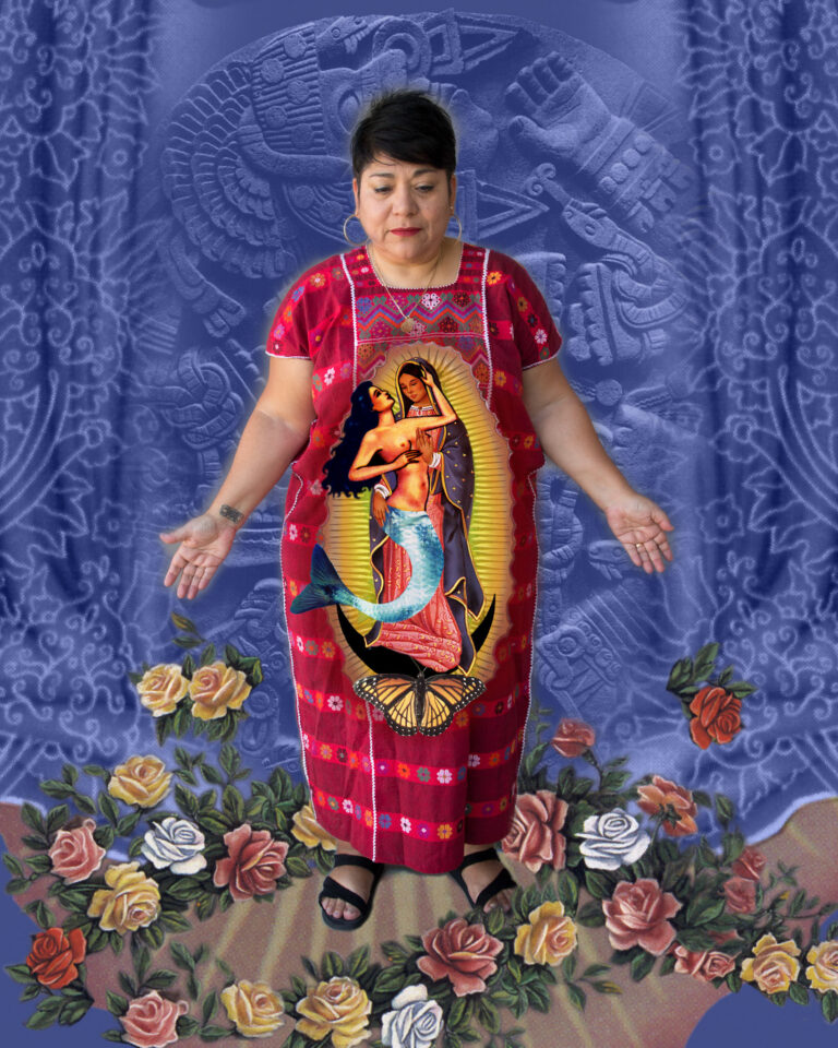Alma López: Alma López wearing her recurring motif Lupe & Sirena, standing on the roses associated with the Virgin of Guadalupe against the backdrop of Coyolxāuhqui. Artist’s website.
