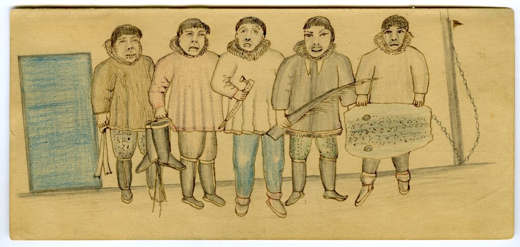 scrimshaw: Maker once known (Iñupiat, possibly Port Clarence mission school), Iñupiaq men holding cultural belongings, c. 1890s. New Bedford Whaling Museum, New Bedford, MA, USA.
