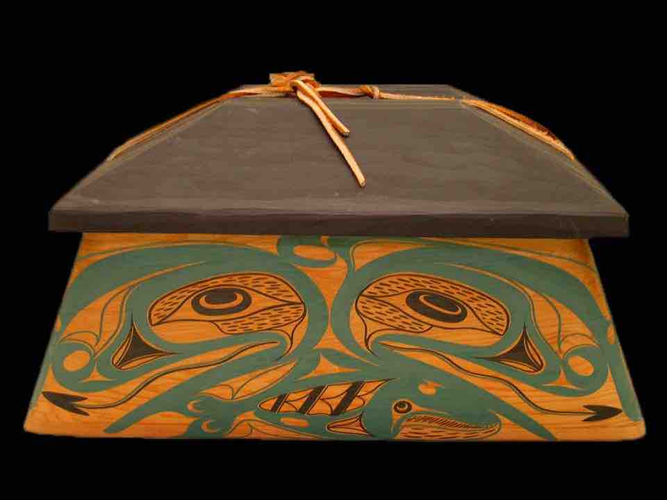 scrimshaw: Art Thompson (b. 1938; Nuu-chah-nulth), Tackle Box, 1992. Cedar, leather and paint, New Bedford Whaling Museum, New Bedford, MA, USA.
