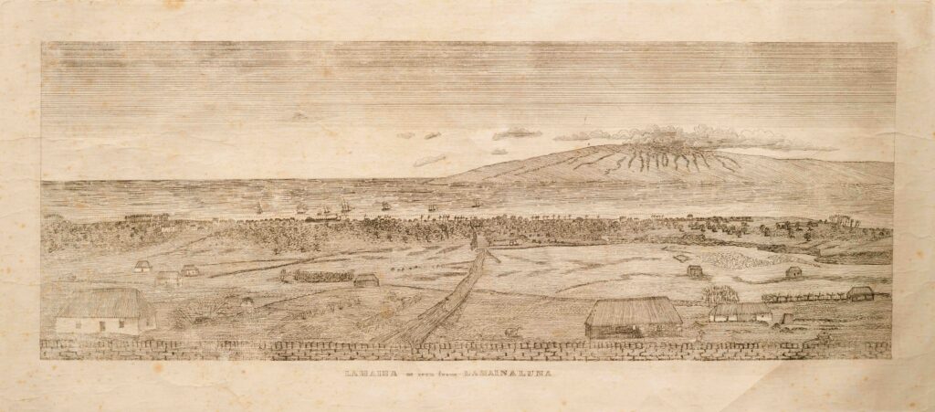 scrimshaw: Kepohoni, Lahaina as seen from Lahainaluna, c. 1840, copperplate engraving from a painting by Persis Goodale Thurston, New Bedford Whaling Museum, New Bedford, MA, USA.
