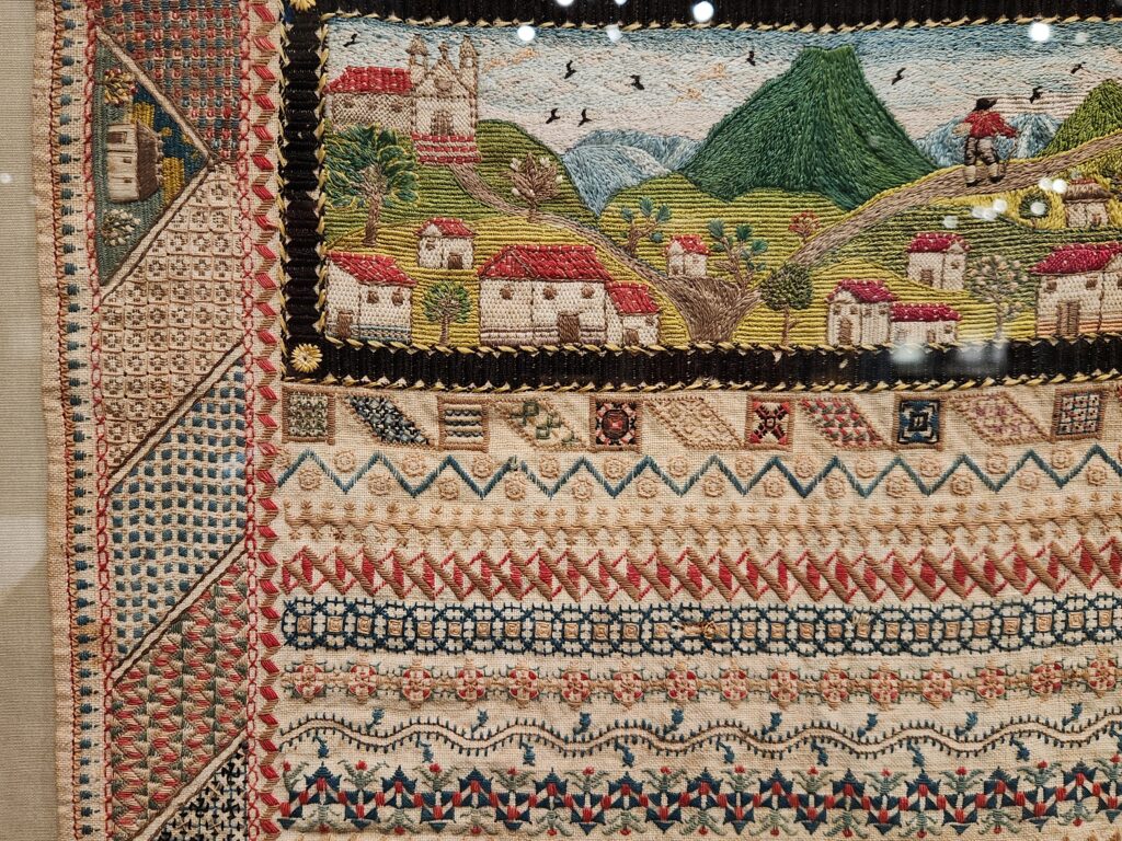 Making Her Mark: Maria de la Luz Letonia, Sampler of country scene and border designs, ca. 1737, Central America, Francis Lehmann Loeb Art Center, Poughkeepsie, NY, USA. Detail. Photograph courtesy of the author.
