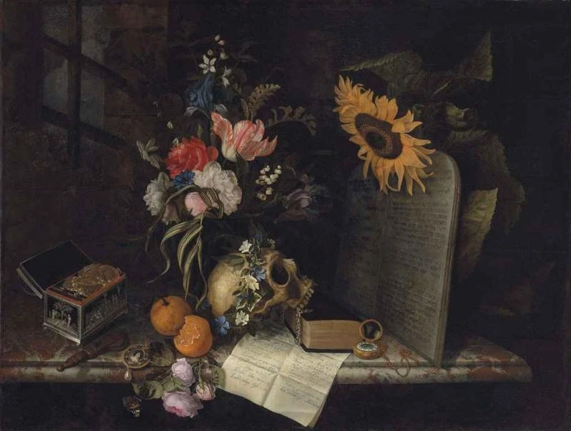 Vanitas and Women Artists: Vanitas and Women Artists: Maria van Oosterwyck, Roses, tulips, irises and other flowers in a vase, a skull with a wreath of morning glory, and oranges, roses, a book, a pocket watch, an opened chest with biblical scenes and a pair of stone tablets bearing the Ten Commandments on a marble ledge, private collection. Artnet.
