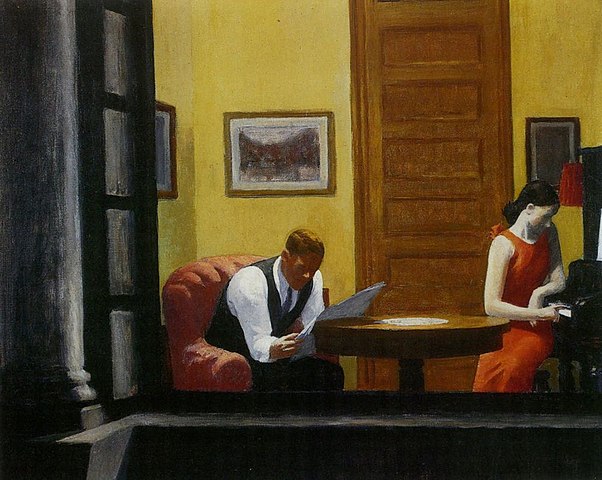 hopper 10 paintings: Edward Hopper, Room in New York, 1932, Sheldon Museum of Art, Lincoln, NE, USA
