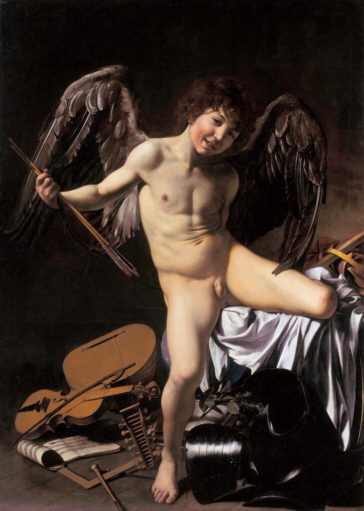 cupid paintings: Caravaggio, Amor Vincit Omnia, ca. 1601, Gemäldegalerie, Berlin, Germany.
