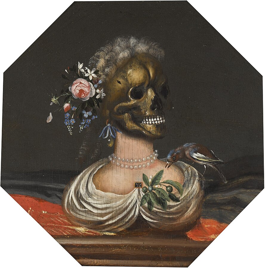 Vanitas and Women Artists: Vanitas and Women Artists: Catarina Ykens, Vanitas bust of a lady with a crown of flowers on a ledge, 1688, private collection. WikiArt.

