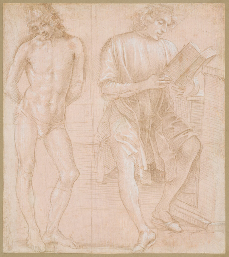Venetian Renaissance: Filippo Lippi, Standing Youth with Hands Behind His Back, and a Seated Youth Reading (recto), 1457/58–1504, The Metropolitan Museum of Art, New York, USA. A drawing representing the Florentine technique of disegno.
