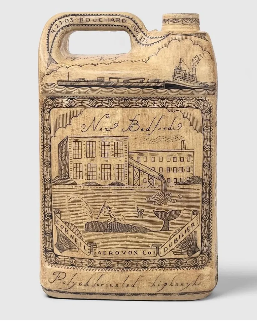 scrimshaw: Duke Riley, No. 384 of the Poly S. Tyrene Memorial Maritime Museum, painted salvage plastic, ink and wax, 2023, New Bedford Whaling Museum, New Bedford, MA, USA.
