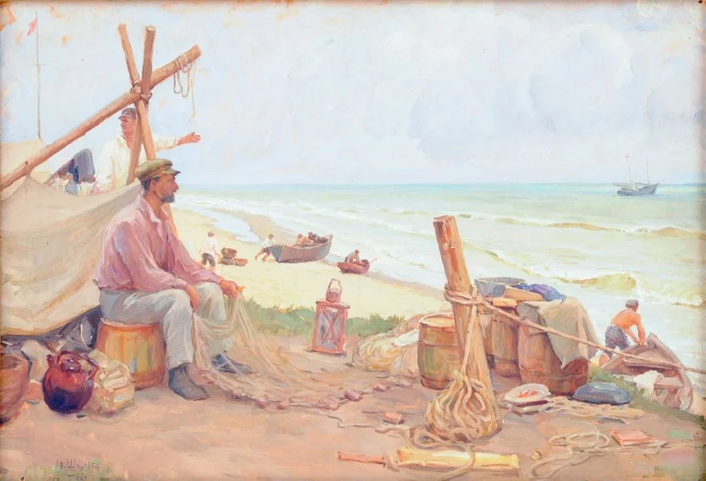 Looting: Ivan Shulha, Fishermen On The Seashore, 1932, Kherson Art Museum, Kherson, Ukraine. Artnet.
