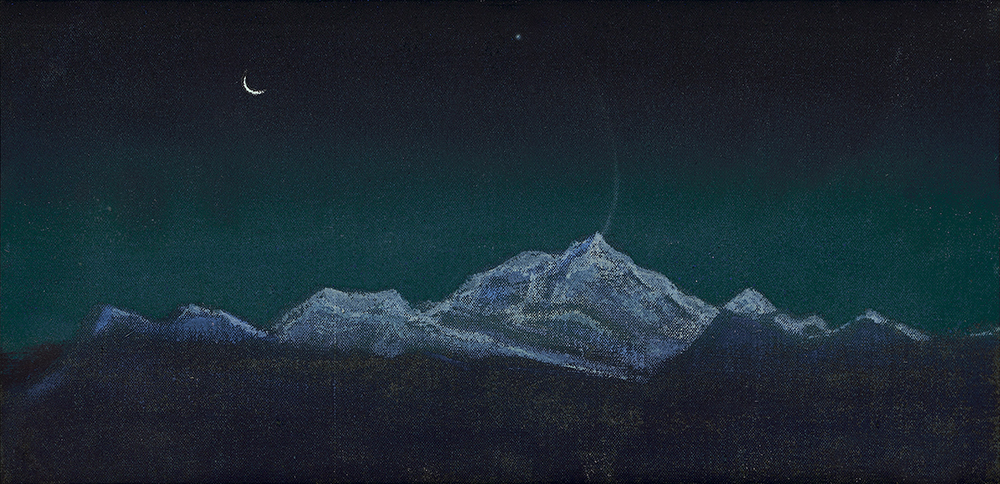 foreign artists in india: Foreign Artists in India: Nicholas Roerich, Himalayas, Sikkim, circa 1928 – 1929, tempera on canvas, 8.3 x 16.5 in. AstaGuru.
