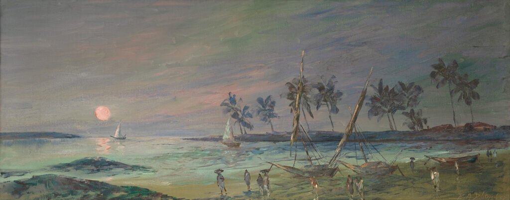 indian landscapes: Pralhad Anant Dhond, Untitled, 1981, oil on canvas, 23 x 60 in. AstaGuru.
