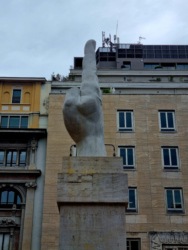 Maurizio Cattelan LOVE: Maurizio Cattelan, L.O.V.E., 2010, Piazza Affari, Milan, Italy. Photo by the author.
