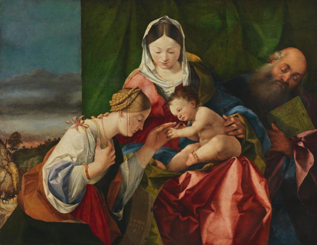 alte pinakothek: Lorenzo Lotto, Mystical Marriage of St Catherine, ca. 1506, Bayerische Staatsgemäldesammlungen – Alte Pinakothek, Munich, Germany.
