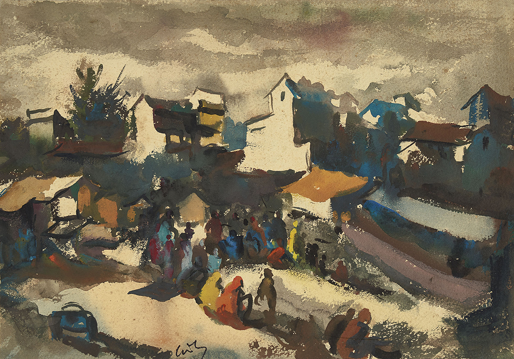 indian landscapes: H. A. Gade, Market Day, circa 1960, gouache on paper, 11.5 x 16.5 in. AstaGuru.
