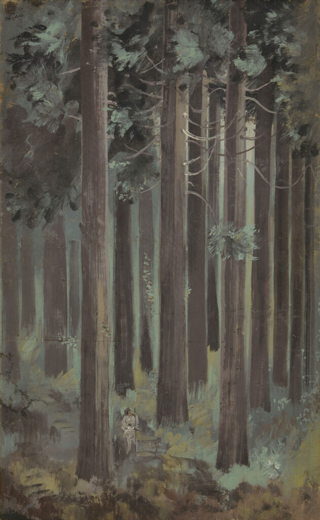 indian landscapes: Nandalal Bose, Tagdah Forest, 1938, watercolor on paper pasted on board, 27 x 16.5 in. AstaGuru.
