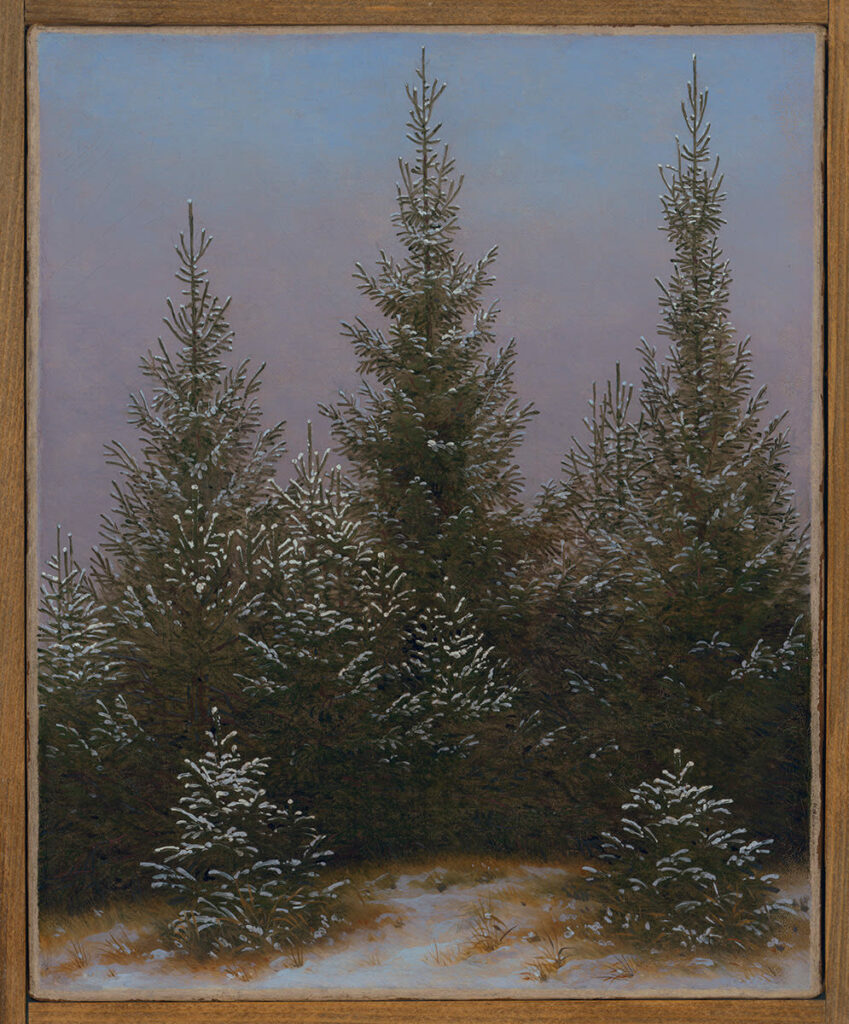 alte pinakothek: Caspar David Friedrich, Fir Trees in the Snow, ca. 1828, Bayerische Staatsgemäldesammlungen – Neue Pinakothek, Munich, Germany.
