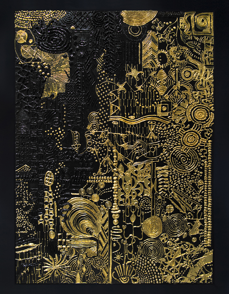 Lina Iris Viktor: Lina Iris Viktor, Constellations VIII SE, 2019, pure 24-karat gold, acrylic, resin on cotton rag paper. Artist’s website.
