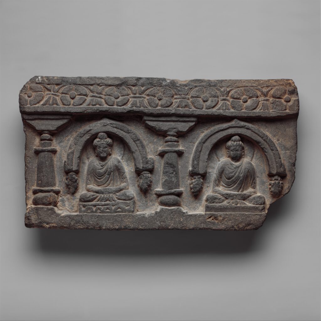 Gandhara: Frieze with two seated Buddhas, ca. 2nd–3rd century CE, ancient Ganhara (today’s Pakistan), Metropolitan Museum of Art, New York City, NY, USA.
