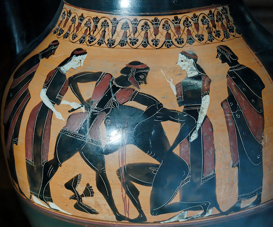 Minotaur: Theseus and the Minotaur, black-figure attic amphora, 540 BCE, The Louvre, Paris, France.
